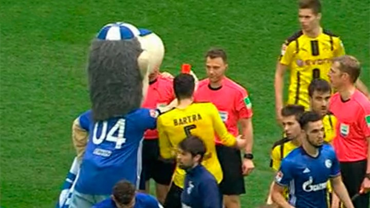 Maskot Schalke baví celý internet: Rozhodcovi ukázal červenú kartu